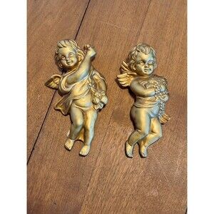 2 Cherub Angel Wall Hangings Vintage Hand Painted Gold By World Gift From Japan